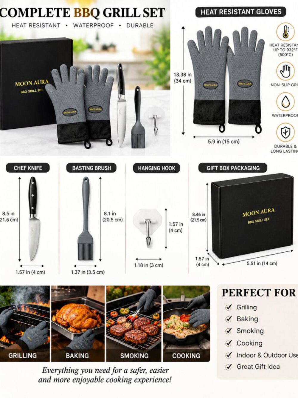 Moon Aura BBQ Gloves - Heat Resistant Oven Mitts for Grilling, Baking & Smoking